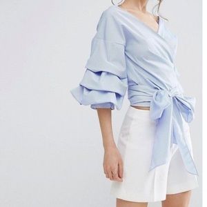 Checkered Tie Ruffle Sleeve Top